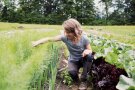 Gemüsegärtnerin Jana Heenen im Beet bei der Kontrolle der Pflanzung