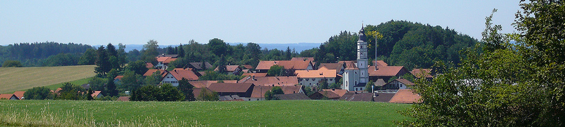 Dachlandschaft und hoch herausragender Kirchturm eines kleinen Dorfes, das in einer leichten Senke liegt. 